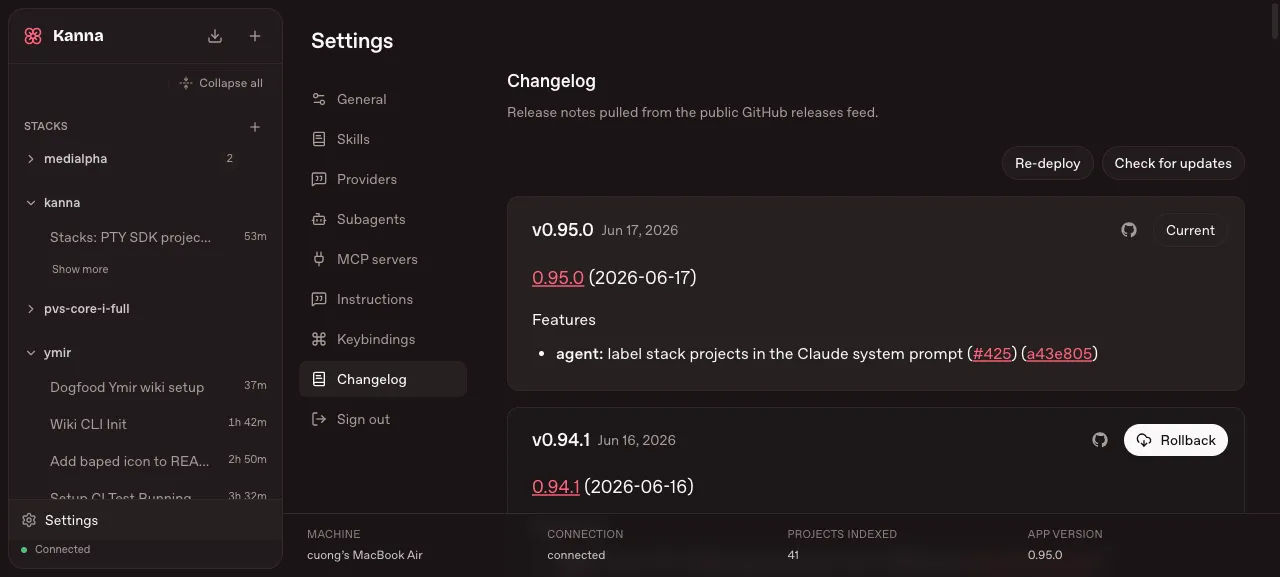 The Kanna sidebar: projects, chats, and the settings panel